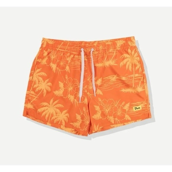 Duvin Orange Floral Tropical Swim Shorts Men's Beach Trunks Lined Drawstring L